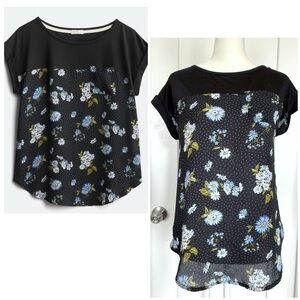 Mason & Belle Floral Mixed Material Top | Black & Blue | XS